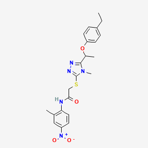 molecular formula C22H25N5O4S B4104898 2-({5-[1-(4-ethylphenoxy)ethyl]-4-methyl-4H-1,2,4-triazol-3-yl}thio)-N-(2-methyl-4-nitrophenyl)acetamide 
