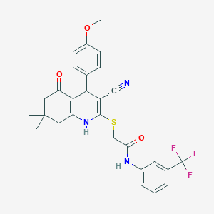 molecular formula C28H26F3N3O3S B4105163 2-{[3-cyano-4-(4-methoxyphenyl)-7,7-dimethyl-5-oxo-1,4,5,6,7,8-hexahydro-2-quinolinyl]thio}-N-[3-(trifluoromethyl)phenyl]acetamide 