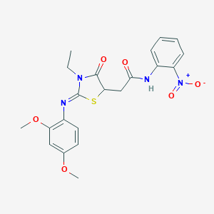 molecular formula C21H22N4O6S B410608 2-{2-[(2,4-dimethoxyphenyl)imino]-3-ethyl-4-oxo-1,3-thiazolidin-5-yl}-N-{2-nitrophenyl}acetamide 