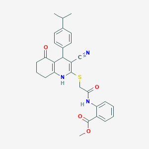 molecular formula C29H29N3O4S B4106475 methyl 2-[({[3-cyano-4-(4-isopropylphenyl)-5-oxo-1,4,5,6,7,8-hexahydro-2-quinolinyl]thio}acetyl)amino]benzoate 