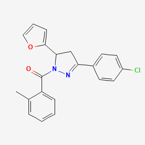 molecular formula C21H17ClN2O2 B4107005 3-(4-chlorophenyl)-5-(2-furyl)-1-(2-methylbenzoyl)-4,5-dihydro-1H-pyrazole 