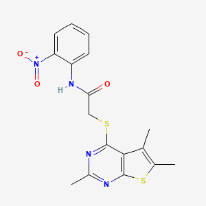 molecular formula C17H16N4O3S2 B4107212 N-(2-nitrophenyl)-2-[(2,5,6-trimethylthieno[2,3-d]pyrimidin-4-yl)thio]acetamide 