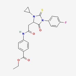 molecular formula C23H22FN3O4S B4107237 ethyl 4-({[3-cyclopropyl-1-(4-fluorophenyl)-5-oxo-2-thioxo-4-imidazolidinyl]acetyl}amino)benzoate 
