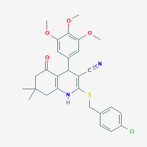 molecular formula C28H29ClN2O4S B4107455 2-[(4-chlorobenzyl)thio]-7,7-dimethyl-5-oxo-4-(3,4,5-trimethoxyphenyl)-1,4,5,6,7,8-hexahydro-3-quinolinecarbonitrile 