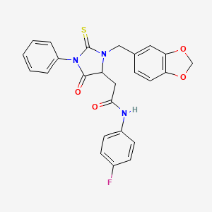 2-[3-(1,3-benzodioxol-5-ylmethyl)-5-oxo-1-phenyl-2-thioxo-4-imidazolidinyl]-N-(4-fluorophenyl)acetamide