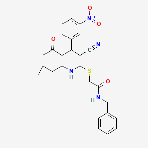 molecular formula C27H26N4O4S B4107561 N-benzyl-2-{[3-cyano-7,7-dimethyl-4-(3-nitrophenyl)-5-oxo-1,4,5,6,7,8-hexahydro-2-quinolinyl]thio}acetamide 