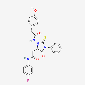 N-(5-{2-[(4-fluorophenyl)amino]-2-oxoethyl}-4-oxo-3-phenyl-2-thioxo-1-imidazolidinyl)-2-(4-methoxyphenyl)acetamide