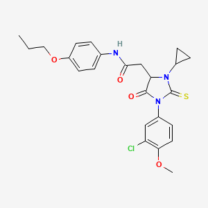 2-[1-(3-chloro-4-methoxyphenyl)-3-cyclopropyl-5-oxo-2-thioxo-4-imidazolidinyl]-N-(4-propoxyphenyl)acetamide