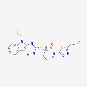 molecular formula C21H25N7OS2 B410921 N-(5-propyl-1,3,4-thiadiazol-2-yl)-2-[(5-propyl-5H-[1,2,4]triazino[5,6-b]indol-3-yl)sulfanyl]butanamide 