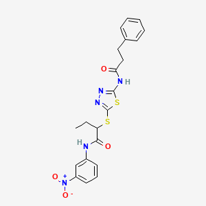 molecular formula C21H21N5O4S2 B4109487 N-(3-nitrophenyl)-2-({5-[(3-phenylpropanoyl)amino]-1,3,4-thiadiazol-2-yl}thio)butanamide 