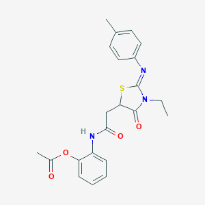 molecular formula C22H23N3O4S B411015 2-[(2-{3-Ethyl-2-[(4-methylphenyl)imino]-4-oxo-1,3-thiazolidin-5-yl}acetyl)amino]phenyl acetate 