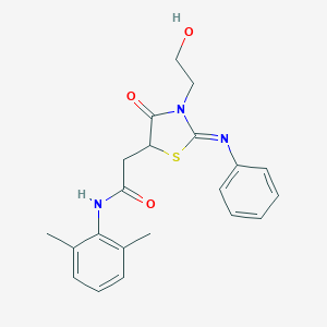 molecular formula C21H23N3O3S B411027 N-(2,6-dimethylphenyl)-2-[3-(2-hydroxyethyl)-4-oxo-2-(phenylimino)-1,3-thiazolidin-5-yl]acetamide 