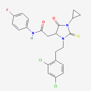 molecular formula C22H20Cl2FN3O2S B4110375 2-{1-cyclopropyl-3-[2-(2,4-dichlorophenyl)ethyl]-5-oxo-2-thioxo-4-imidazolidinyl}-N-(4-fluorophenyl)acetamide 