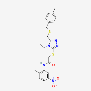 molecular formula C22H25N5O3S2 B4114191 2-[(4-ethyl-5-{[(4-methylbenzyl)thio]methyl}-4H-1,2,4-triazol-3-yl)thio]-N-(2-methyl-5-nitrophenyl)acetamide 