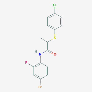 molecular formula C15H12BrClFNOS B4114602 N-(4-bromo-2-fluorophenyl)-2-[(4-chlorophenyl)thio]propanamide 