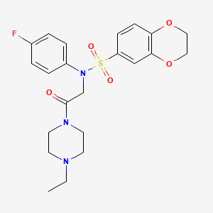 molecular formula C22H26FN3O5S B4114781 N-[2-(4-ethyl-1-piperazinyl)-2-oxoethyl]-N-(4-fluorophenyl)-2,3-dihydro-1,4-benzodioxine-6-sulfonamide 