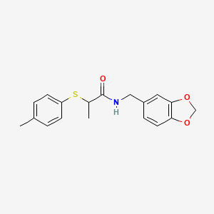 molecular formula C18H19NO3S B4117771 N-(1,3-benzodioxol-5-ylmethyl)-2-[(4-methylphenyl)thio]propanamide 