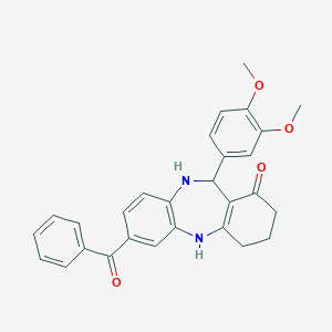 molecular formula C28H26N2O4 B411835 7-Benzoyl-11-(3,4-dimethoxy-phenyl)-2,3,4,5,10,11-hexahydro-dibenzo[b,e][1,4]dia 