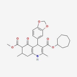 molecular formula C28H33NO7 B4118617 3-cycloheptyl 6-methyl 4-(1,3-benzodioxol-5-yl)-2,7-dimethyl-5-oxo-1,4,5,6,7,8-hexahydro-3,6-quinolinedicarboxylate 