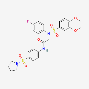 molecular formula C26H26FN3O7S2 B4120144 N~2~-(2,3-dihydro-1,4-benzodioxin-6-ylsulfonyl)-N~2~-(4-fluorophenyl)-N~1~-[4-(1-pyrrolidinylsulfonyl)phenyl]glycinamide 