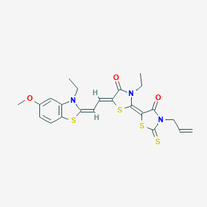molecular formula C23H23N3O3S4 B412135 (2Z,5Z)-3-ethyl-5-[(2E)-2-(3-ethyl-5-methoxy-1,3-benzothiazol-2-ylidene)ethylidene]-2-(4-oxo-3-prop-2-enyl-2-sulfanylidene-1,3-thiazolidin-5-ylidene)-1,3-thiazolidin-4-one CAS No. 295347-14-7