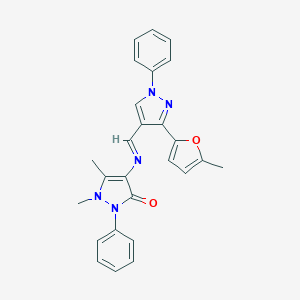 molecular formula C26H23N5O2 B412634 1,5-dimethyl-4-({[3-(5-methyl-2-furyl)-1-phenyl-1H-pyrazol-4-yl]methylene}amino)-2-phenyl-1,2-dihydro-3H-pyrazol-3-one 
