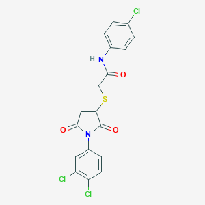molecular formula C18H13Cl3N2O3S B412659 N-(4-chlorophenyl)-2-{[1-(3,4-dichlorophenyl)-2,5-dioxopyrrolidin-3-yl]sulfanyl}acetamide 