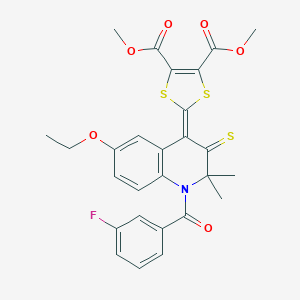 molecular formula C27H24FNO6S3 B412813 dimethyl 2-(6-ethoxy-1-(3-fluorobenzoyl)-2,2-dimethyl-3-thioxo-2,3-dihydro-4(1H)-quinolinylidene)-1,3-dithiole-4,5-dicarboxylate 
