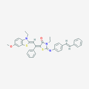 molecular formula C37H33N3O2S2 B412828 (2E,5Z)-3-ethyl-5-[(2Z)-2-(3-ethyl-6-methoxy-1,3-benzothiazol-2(3H)-ylidene)-1-phenylethylidene]-2-({4-[(E)-2-phenylethenyl]phenyl}imino)-1,3-thiazolidin-4-one 