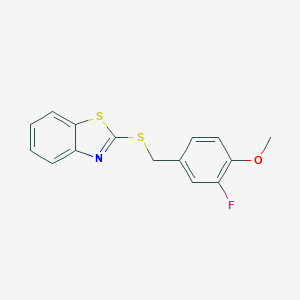 molecular formula C15H12FNOS2 B412843 2-{[(3-Fluoro-4-methoxyphenyl)methyl]sulfanyl}-1,3-benzothiazole CAS No. 295361-61-4