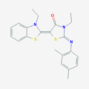 molecular formula C22H23N3OS2 B412855 2-[(2,4-dimethylphenyl)imino]-3-ethyl-5-(3-ethyl-1,3-benzothiazol-2(3H)-ylidene)-1,3-thiazolidin-4-one 
