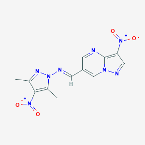 molecular formula C12H10N8O4 B412863 (E)-N-(3,5-dimethyl-4-nitropyrazol-1-yl)-1-(3-nitropyrazolo[1,5-a]pyrimidin-6-yl)methanimine 