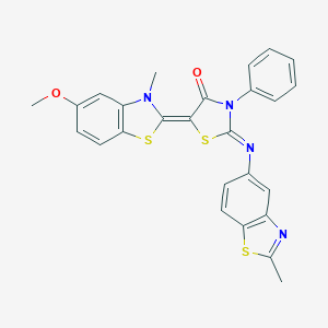 molecular formula C26H20N4O2S3 B412963 5-(5-Methoxy-3-methyl-2-benzothiazolinylidene)-2-(2-methyl-5-benzothiazolylimino)-3-phenyl-4-thiazolidinone 