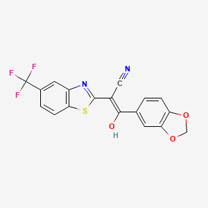 molecular formula C18H9F3N2O3S B4129970 3-(1,3-benzodioxol-5-yl)-3-hydroxy-2-[5-(trifluoromethyl)-1,3-benzothiazol-2-yl]acrylonitrile 