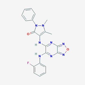 molecular formula C21H17FN8O2 B413096 4-({6-[(2-FLUOROPHENYL)AMINO]-[1,2,5]OXADIAZOLO[3,4-B]PYRAZIN-5-YL}AMINO)-1,5-DIMETHYL-2-PHENYL-2,3-DIHYDRO-1H-PYRAZOL-3-ONE 