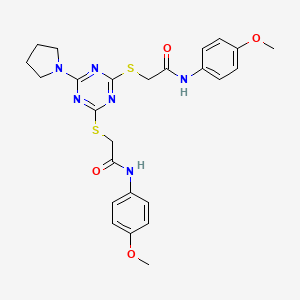 molecular formula C25H28N6O4S2 B4131001 2,2'-[[6-(1-pyrrolidinyl)-1,3,5-triazine-2,4-diyl]bis(thio)]bis[N-(4-methoxyphenyl)acetamide] 