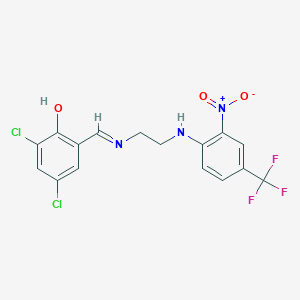 molecular formula C16H12Cl2F3N3O3 B413105 2,4-dichloro-6-{(E)-[(2-{[2-nitro-4-(trifluoromethyl)phenyl]amino}ethyl)imino]methyl}phenol 