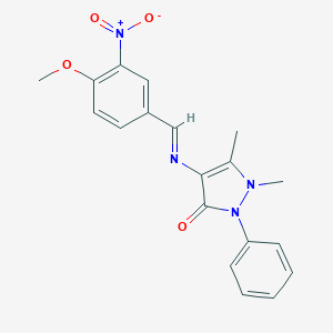molecular formula C19H18N4O4 B413117 4-({3-nitro-4-methoxybenzylidene}amino)-1,5-dimethyl-2-phenyl-1,2-dihydro-3H-pyrazol-3-one 
