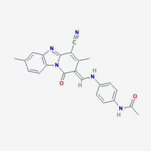 molecular formula C23H19N5O2 B413141 N-(4-{[(4-cyano-3,7-dimethyl-1-oxo-1,5-dihydropyrido[1,2-a]benzimidazol-2-yl)methylene]amino}phenyl)acetamide 