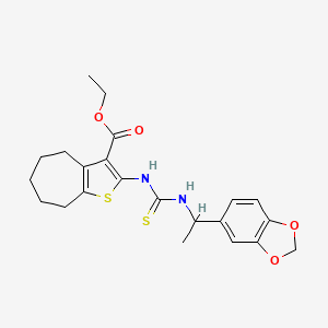molecular formula C22H26N2O4S2 B4131483 ethyl 2-[({[1-(1,3-benzodioxol-5-yl)ethyl]amino}carbonothioyl)amino]-5,6,7,8-tetrahydro-4H-cyclohepta[b]thiophene-3-carboxylate 