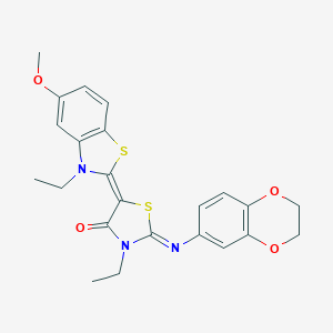 molecular formula C23H23N3O4S2 B413160 2-(2,3-dihydro-1,4-benzodioxin-6-ylimino)-3-ethyl-5-(3-ethyl-5-methoxy-1,3-benzothiazol-2(3H)-ylidene)-1,3-thiazolidin-4-one 