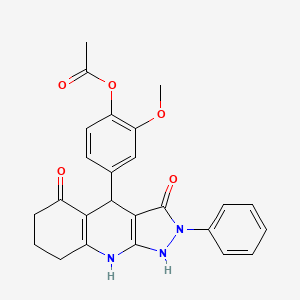molecular formula C25H23N3O5 B4131907 4-(3-hydroxy-5-oxo-2-phenyl-4,5,6,7,8,9-hexahydro-2H-pyrazolo[3,4-b]quinolin-4-yl)-2-methoxyphenyl acetate 