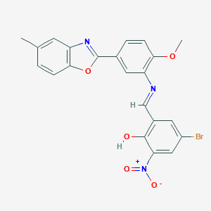 molecular formula C22H16BrN3O5 B413197 4-Bromo-2-nitro-6-({[2-methoxy-5-(5-methyl-1,3-benzoxazol-2-yl)phenyl]imino}methyl)phenol 