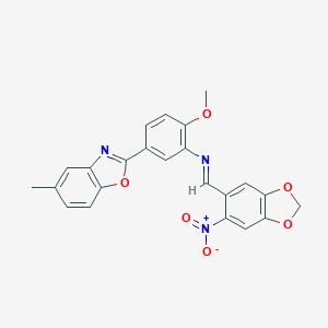 molecular formula C23H17N3O6 B413204 2-{3-[({6-Nitro-1,3-benzodioxol-5-yl}methylene)amino]-4-methoxyphenyl}-5-methyl-1,3-benzoxazole 