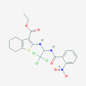 molecular formula C20H20Cl3N3O5S B413208 Ethyl 2-({2,2,2-trichloro-1-[(2-nitrobenzoyl)amino]ethyl}amino)-4,5,6,7-tetrahydro-1-benzothiophene-3-carboxylate 