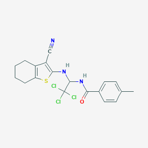 molecular formula C19H18Cl3N3OS B413210 4-methyl-N-{2,2,2-trichloro-1-[(3-cyano-4,5,6,7-tetrahydro-1-benzothiophen-2-yl)amino]ethyl}benzamide 