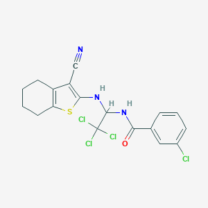 molecular formula C18H15Cl4N3OS B413215 3-chloro-N-{2,2,2-trichloro-1-[(3-cyano-4,5,6,7-tetrahydro-1-benzothien-2-yl)amino]ethyl}benzamide 
