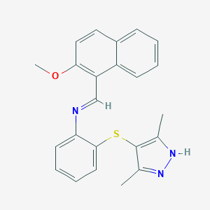 molecular formula C23H21N3OS B413253 N-{2-[(3,5-dimethyl-1H-pyrazol-4-yl)sulfanyl]phenyl}-N-[(2-methoxy-1-naphthyl)methylene]amine 