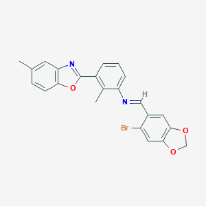 molecular formula C23H17BrN2O3 B413259 N-[(6-bromo-1,3-benzodioxol-5-yl)methylene]-N-[2-methyl-3-(5-methyl-1,3-benzoxazol-2-yl)phenyl]amine 