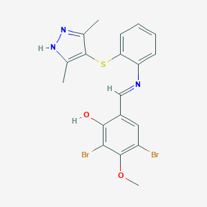 molecular formula C19H17Br2N3O2S B413265 2,4-dibromo-6-[({2-[(3,5-dimethyl-1H-pyrazol-4-yl)sulfanyl]phenyl}imino)methyl]-3-methoxyphenol 